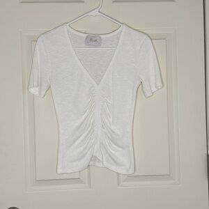 Blush White Ruched V-Neck Short Sleeve Tee